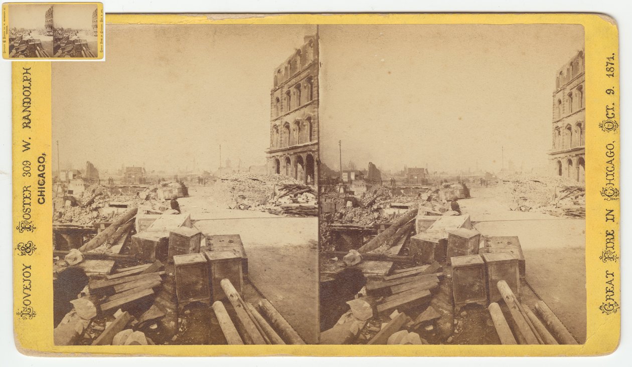 Stereograf af pengeskabe taget fra ruiner på Dearborn Street efter Chicago-branden i 1871, 1871 (bw-foto på kortholder) af George N. Barnard