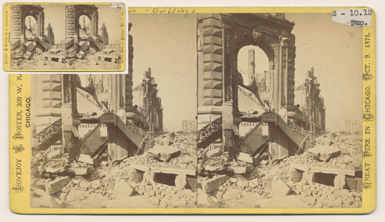 Stereograf af Bryan Block ved det nordvestlige hjørne af Monroe og LaSalle Streets efter Chicago-branden i 1871, 1871 (bw-foto på kortholder) af George N. Barnard