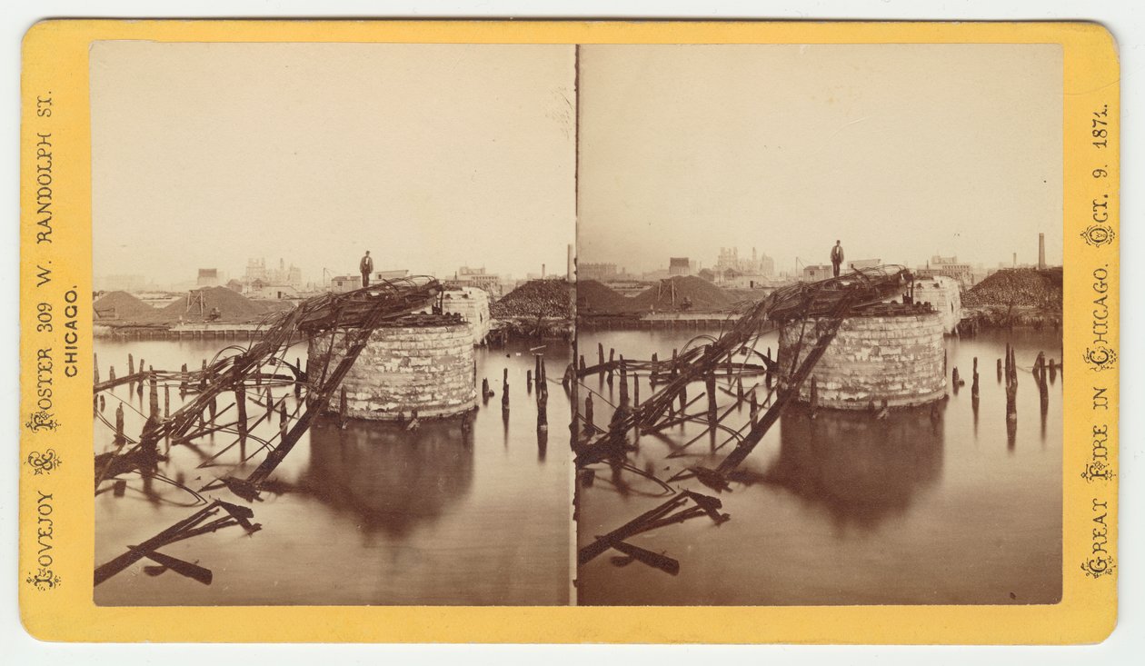 Stereograf af Van Buren Street-broen efter Chicago-branden i 1871, 1871 (bw-foto på kortholder) af George N. Barnard