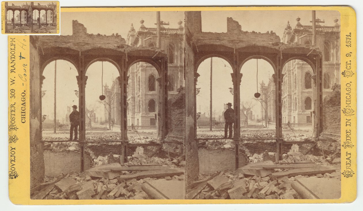 Stereograf af retsbygningen set gennem ruinerne af østsiden af Clark Street efter Chicago-branden i 1871, 1871 (bw-foto på kortholder) af George N. Barnard