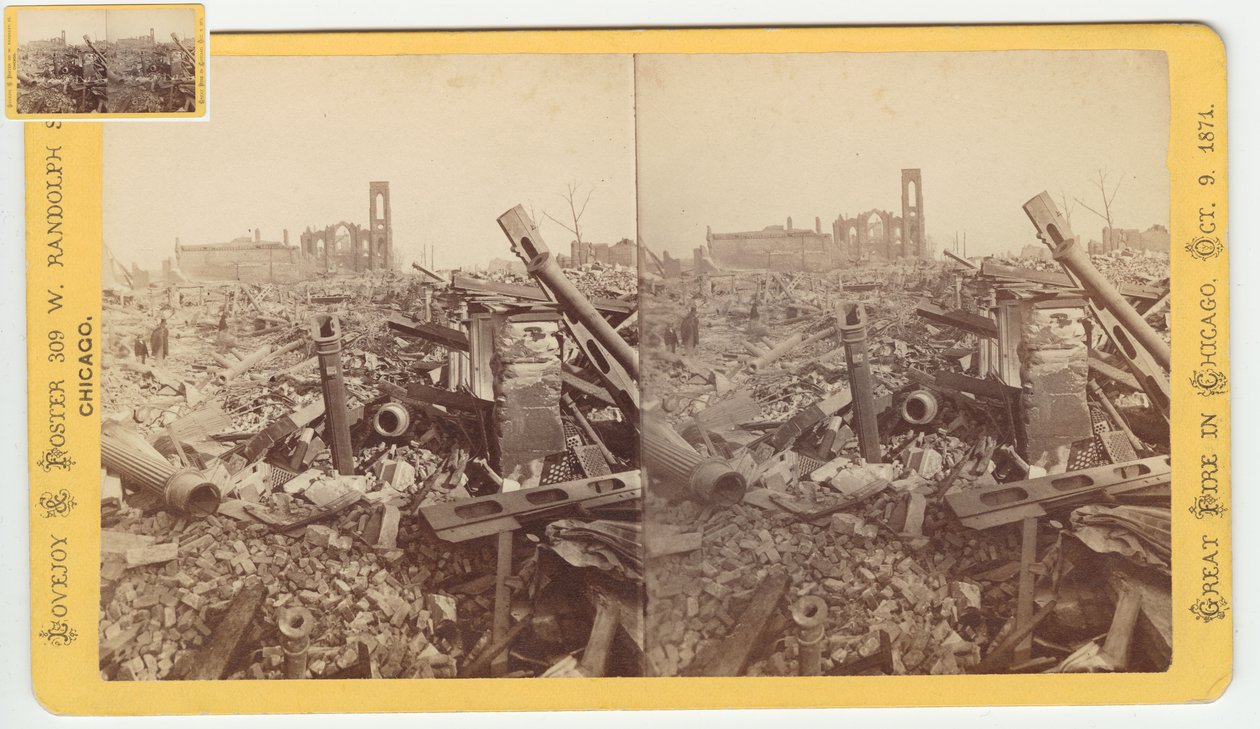 Stereograf af ruinerne af Mammoth Store of Field & Leiter efter Chicago-branden i 1871, 1871 (bw-foto på kortholder) af George N. Barnard