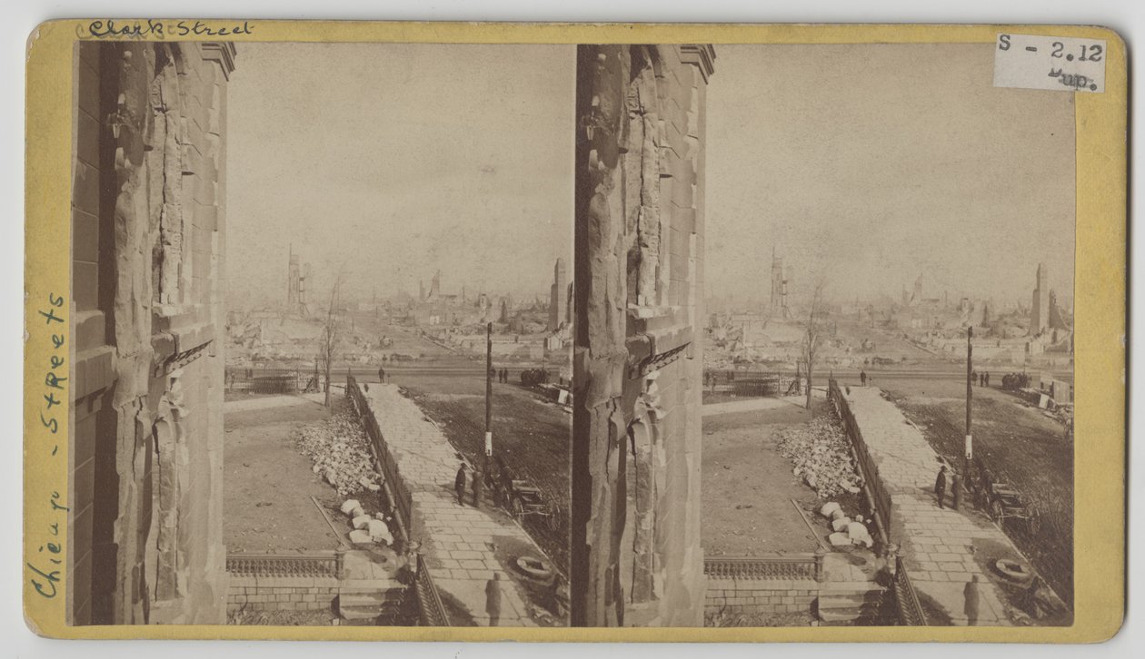 Stereografisk udsigt over Clark Street efter Chicago-branden i 1871 af George N. Barnard
