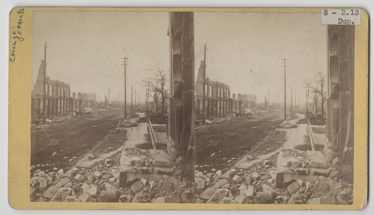 Stereografisk udsigt over Clark Street efter Chicago-branden i 1871 af George N. Barnard