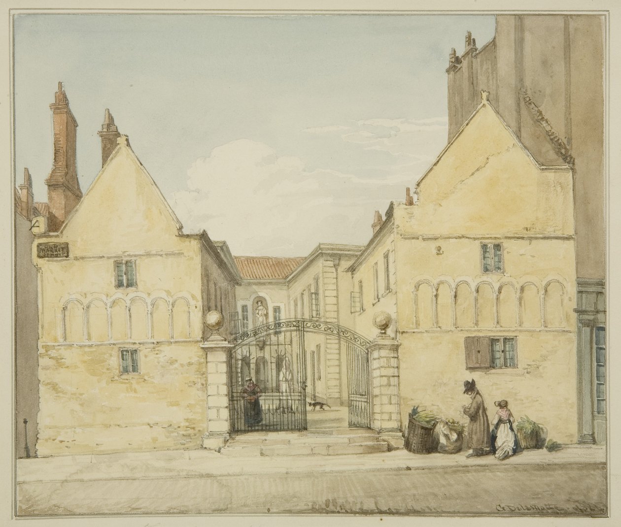 Barnstaple Almshouses, Trinity Hospital, Old Market (blyant og akvarel på papir) af George Orleans Delamotte