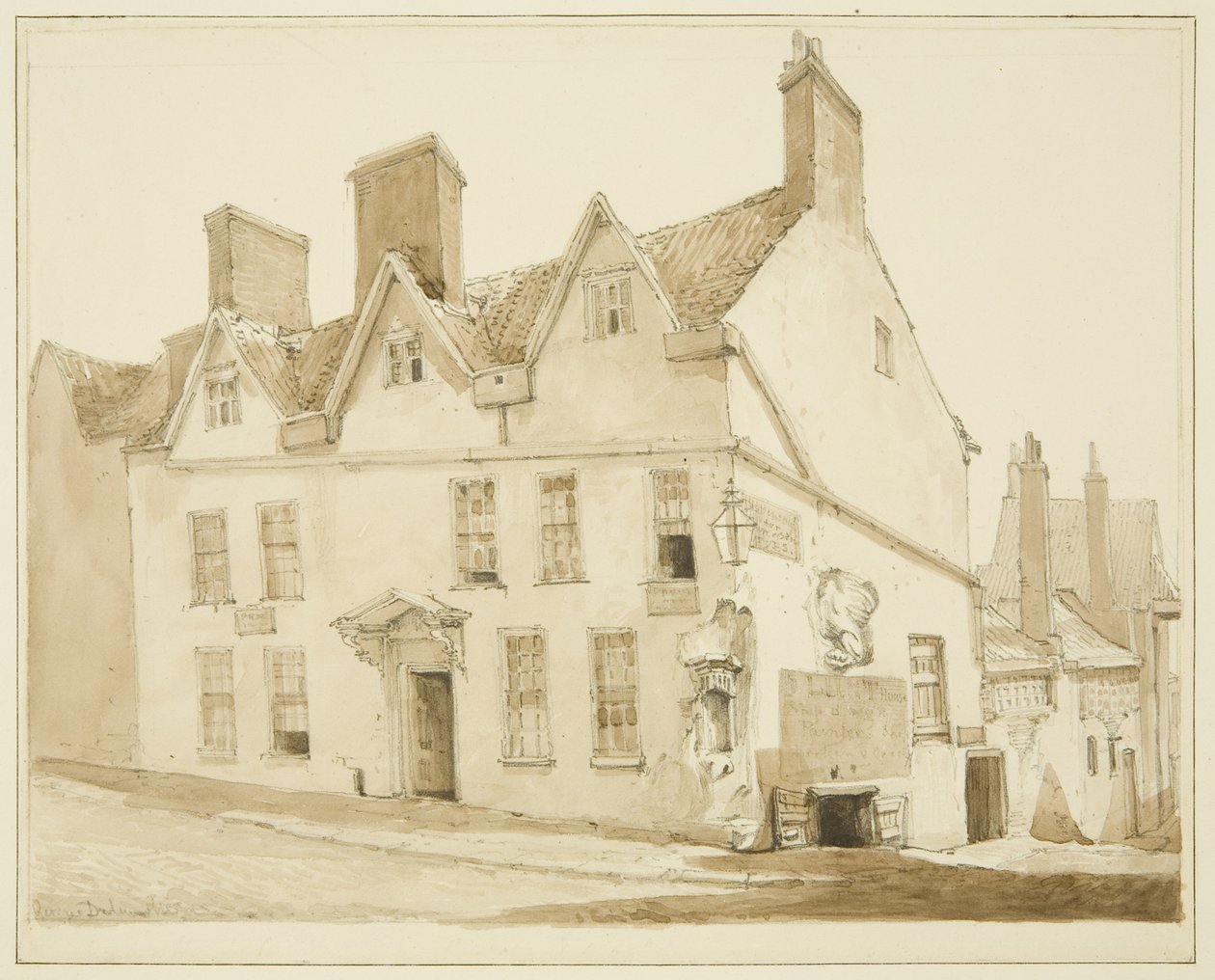 Corner of Pipe Lane og Frogmore Street (blyant og akvarel på papir) af George Orleans Delamotte