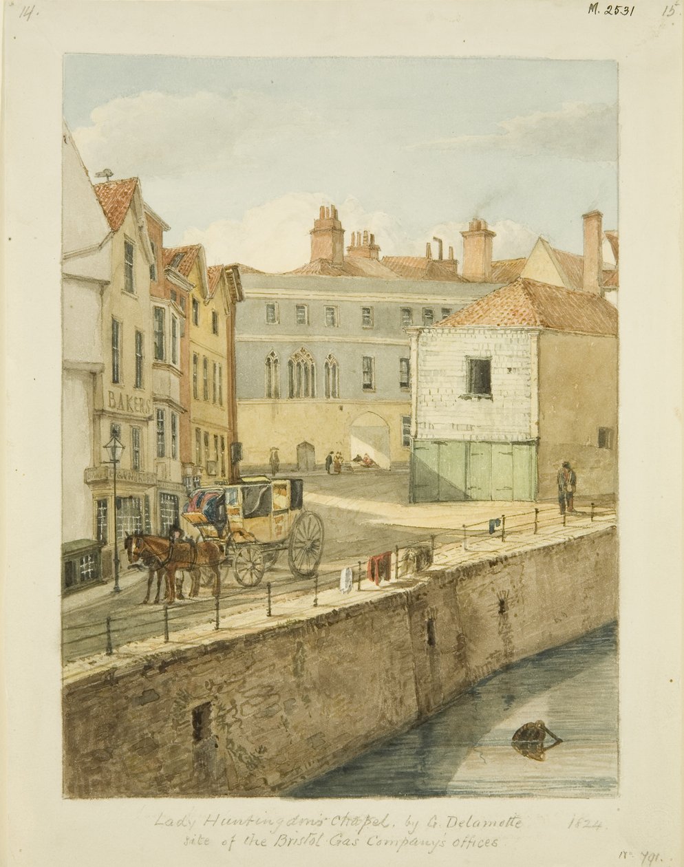 Lady Huntingdons kapel set fra vindebroen (blyant og akvarel på papir) af George Orleans Delamotte