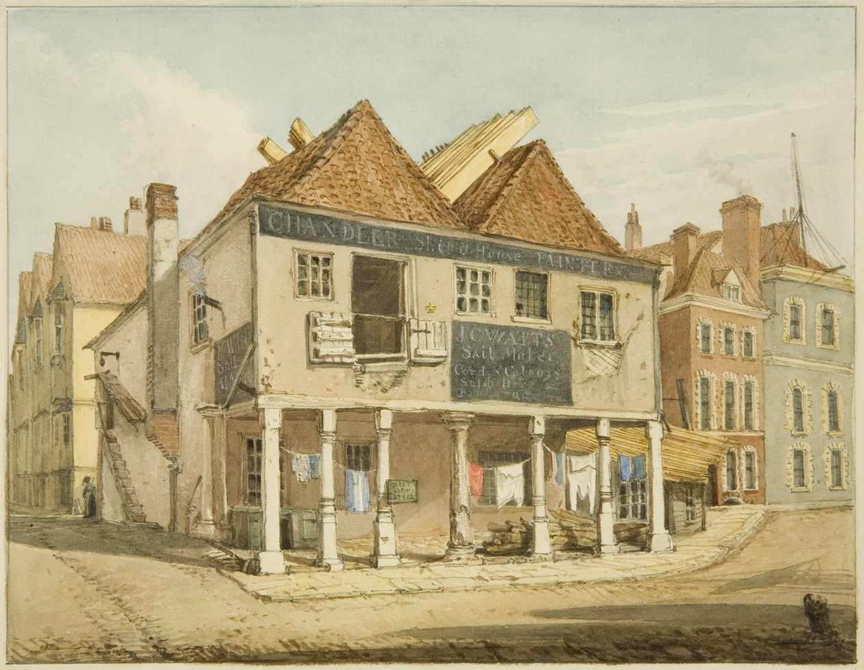 Det gamle majsmarked på kajen (blyant og akvarel på papir) af George Orleans Delamotte