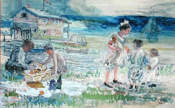 Picnic at the Beach (akvarel på papir) af George Overbury Hart