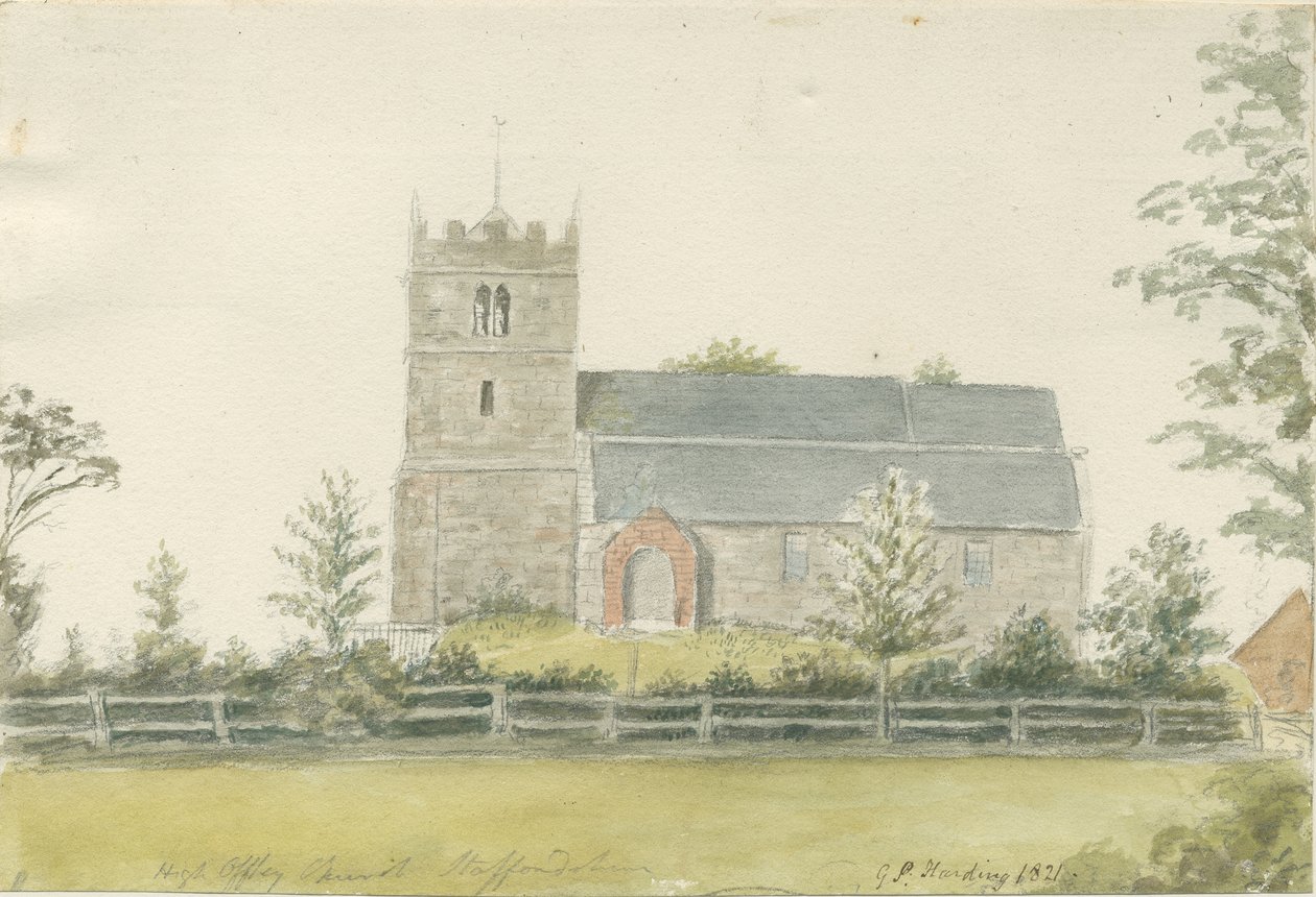 High Offley Church: vandfarvemaleri, 1821 af George Perfect Harding