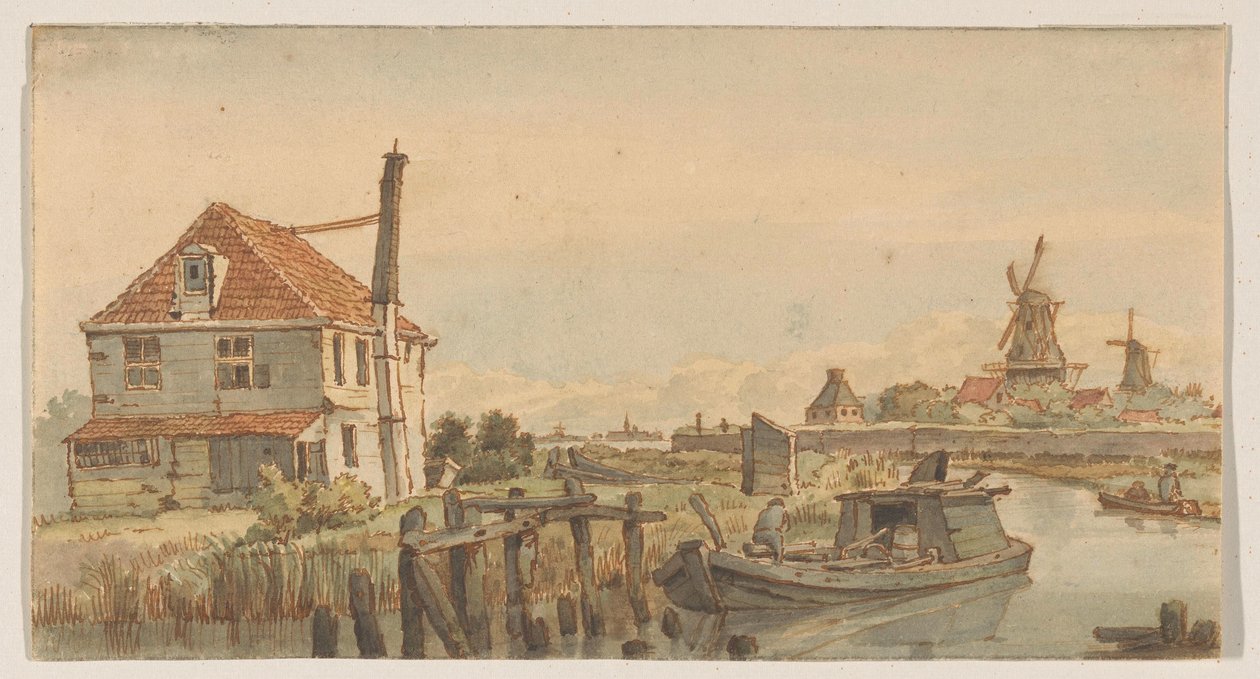 Sejl med en båd, et hus og to vindmøller af George Pieter Westenberg