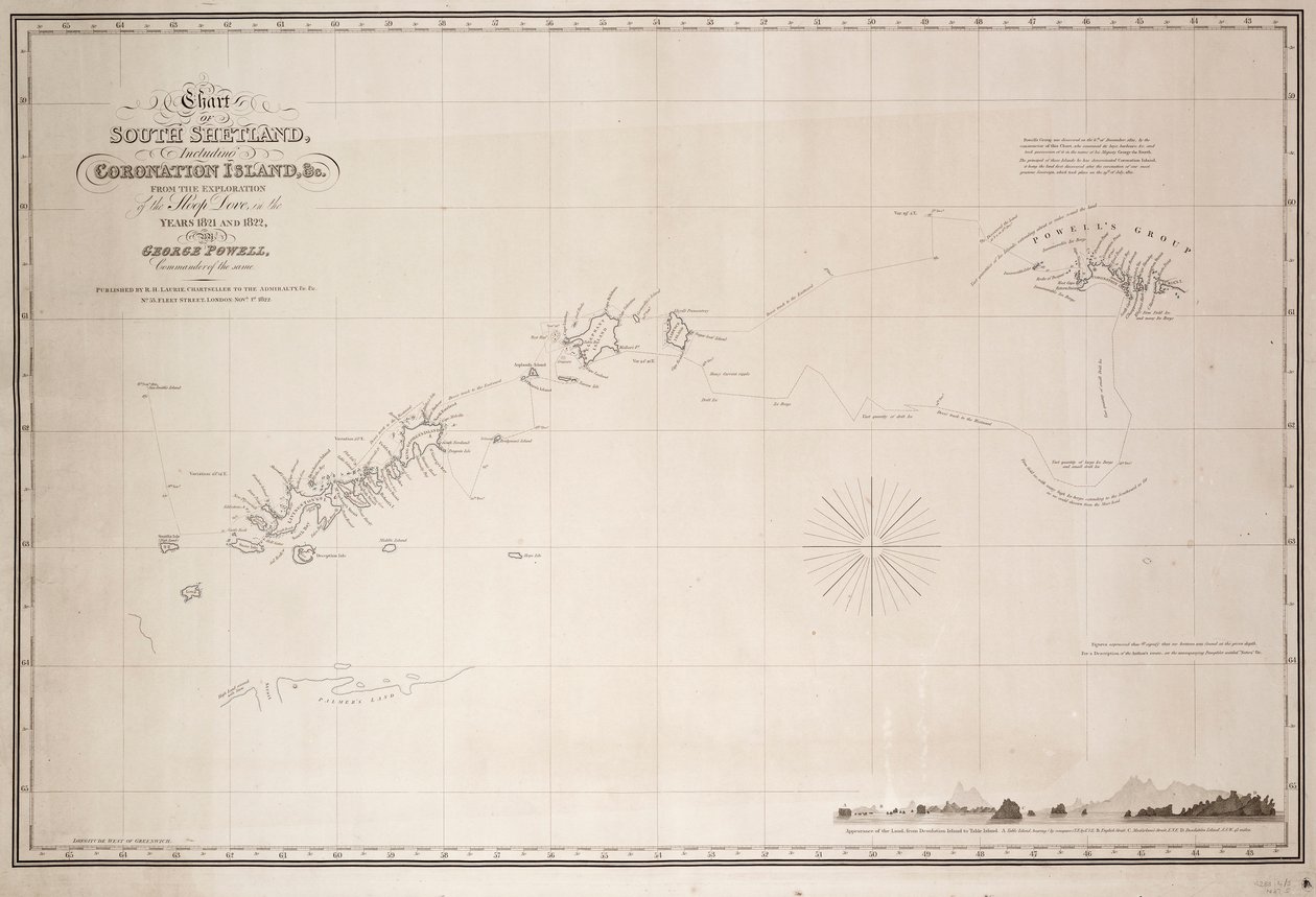 Kort over South Shetland inklusive Coronation Island, fra udforskningen af sloop Dove i årene 1821 og 1822 af George Powell Commander of the same af George Powell