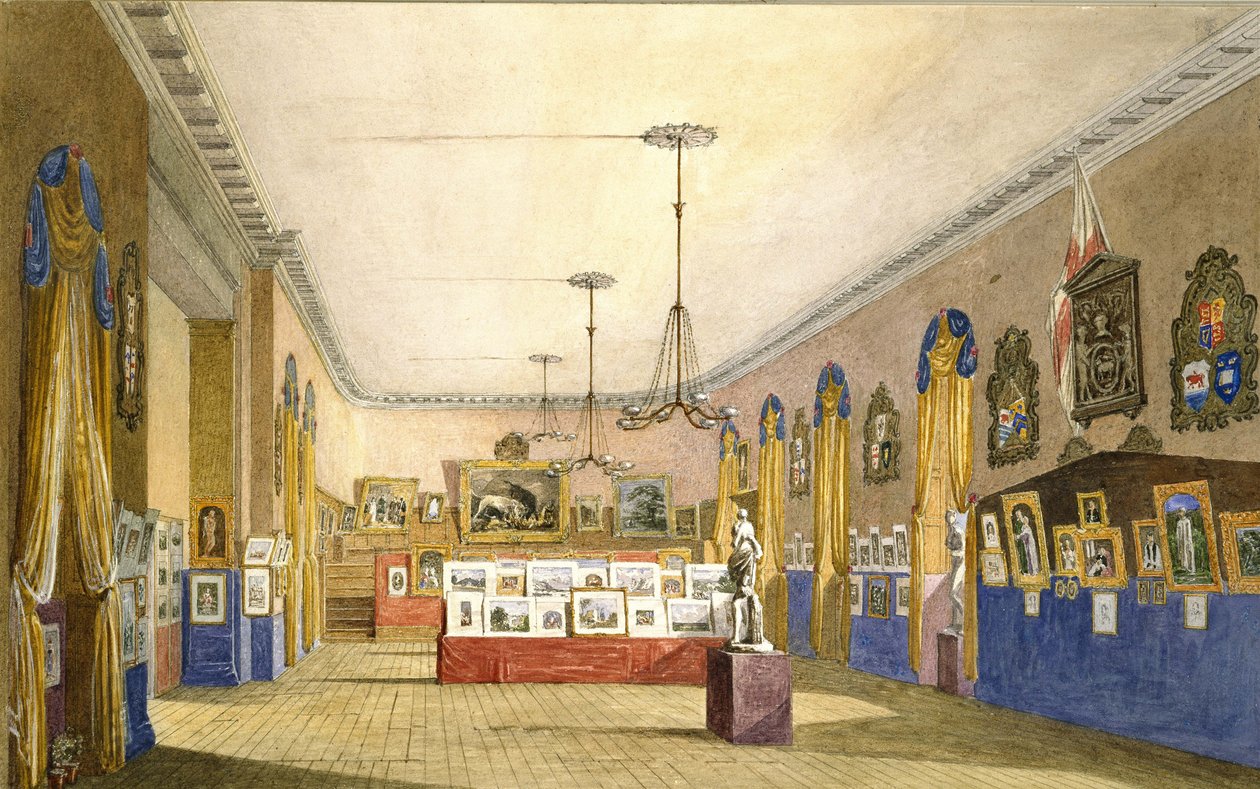 En udstilling i Old Town Hall, Oxford, 1854 (akvarel og kropsfarve over blyant på stift papir, lagt på original montering) af George Pyne