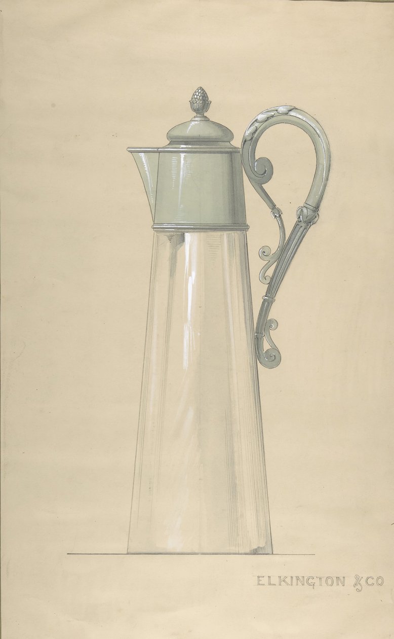 Design til glas- og sølvvandskande, med låg, 1820-65. af George Richards Elkington