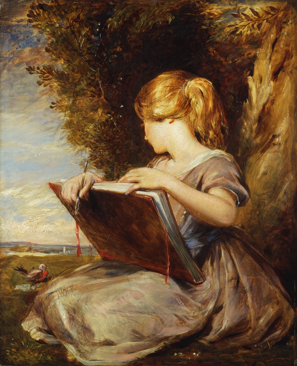 En ung pige siddende under et træ med en skitsebog, af George Richmond