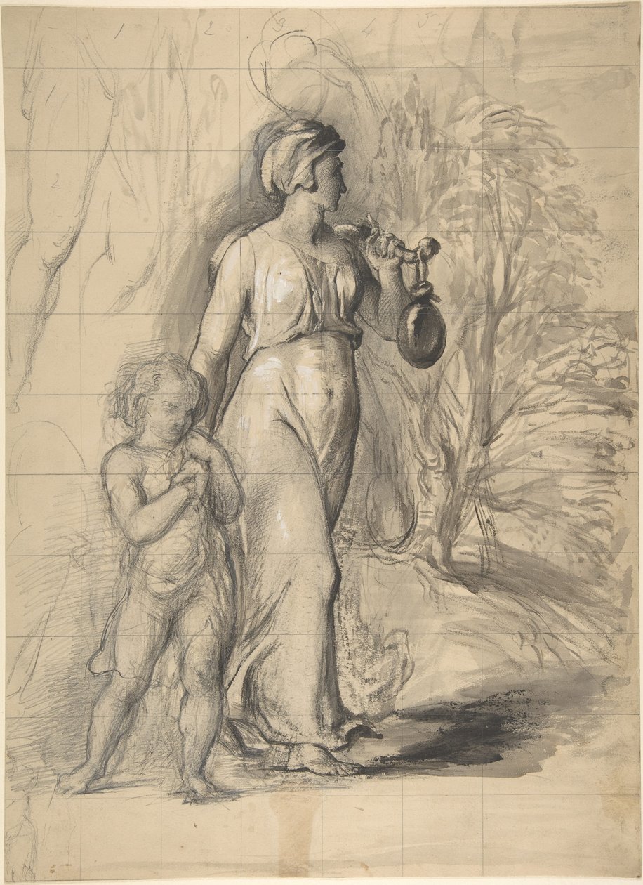 Hagar og Ismael i ørkenen (forside); to portrætstudier af kunstnerens hustru og en studie af et ben og en torso (bagside) af George Richmond