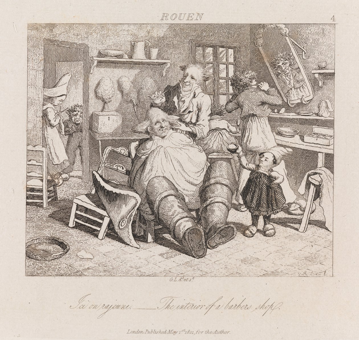 Barber Shop, Rouen, ca. 1821 (radering) af George Robert Lewis