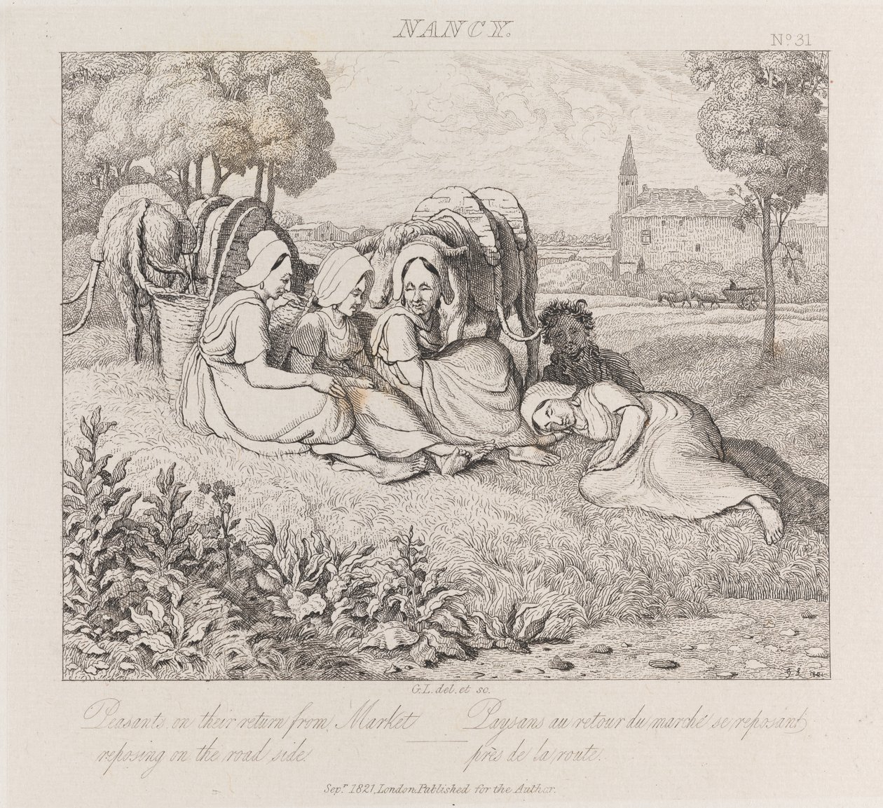 Bønder vender tilbage fra markedet, Nancy, ca. 1821 (ætsning) af George Robert Lewis