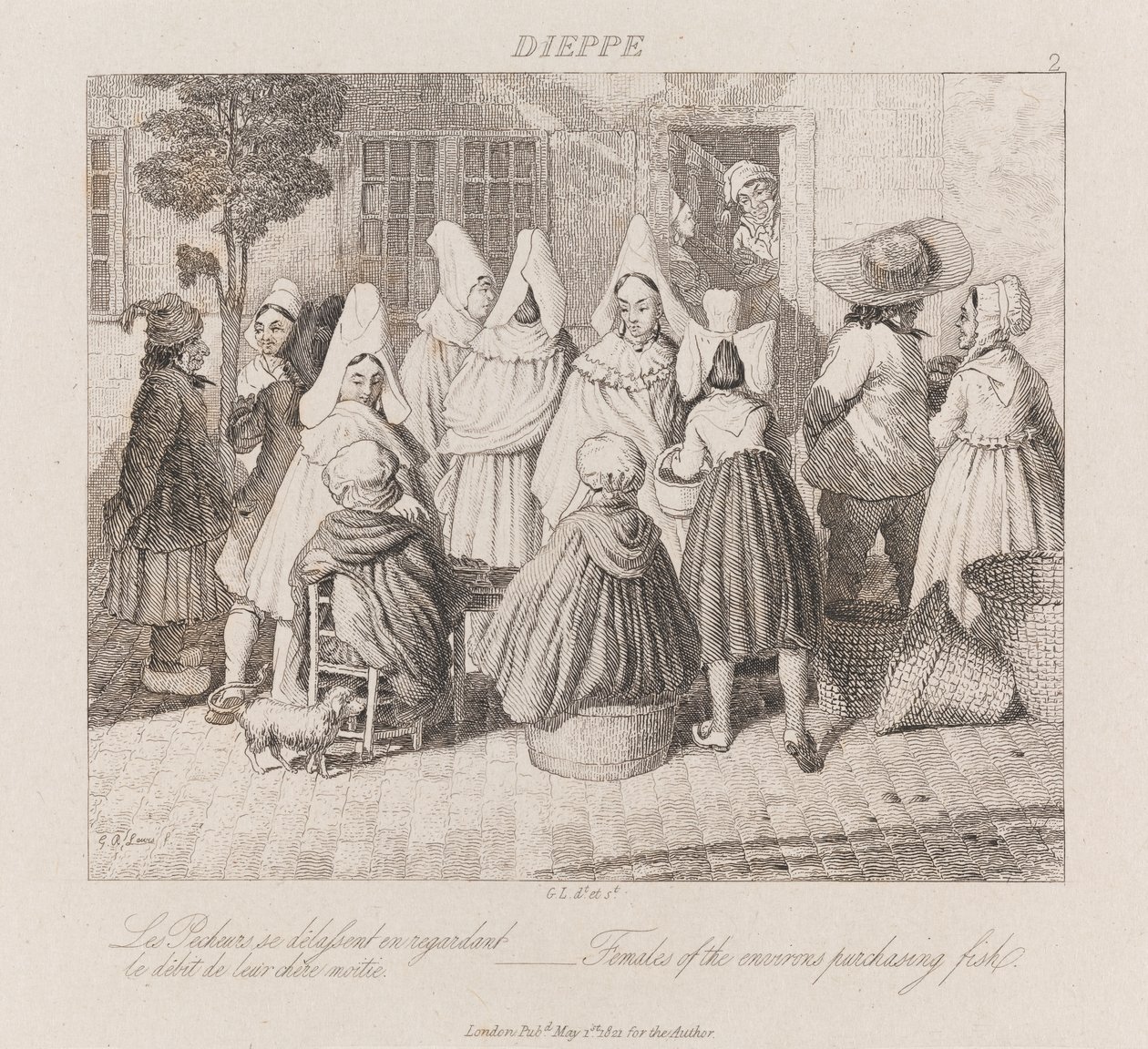 Kvinder, der køber fisk, Dieppe, ca. 1821 (ætsning) af George Robert Lewis