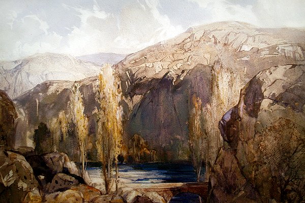 En flod, der flyder gennem en klippekløft (akvarel på papir) af George Robert Rushton
