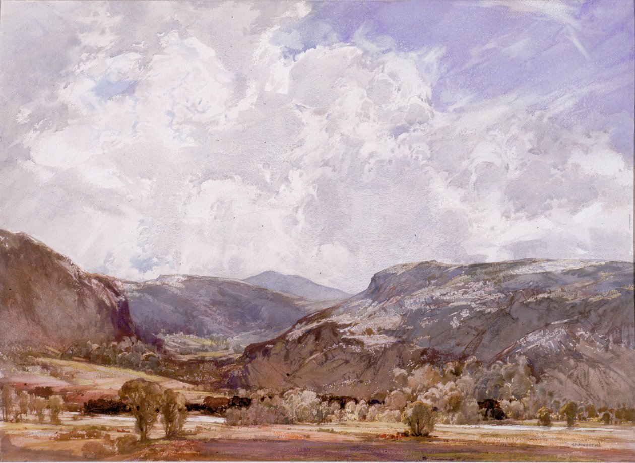 Conwy Valley - Midday (kropsfarve på papir) af George Robert Rushton
