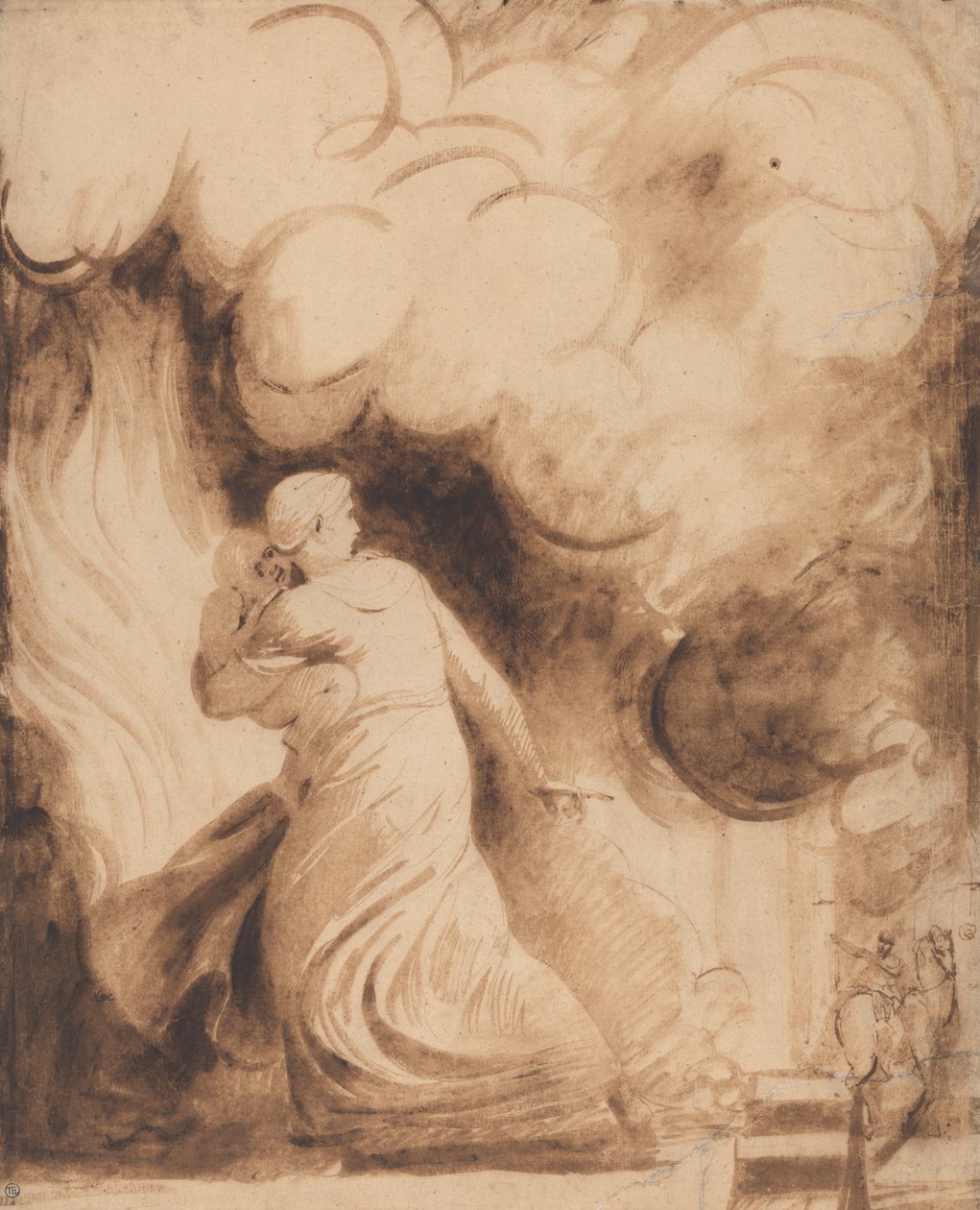 En mor med sit barn i armene flyver på voldene i en by i flammer (Lady Hamilton som "Andromache" flygter fra Trojas afbrænding; Ilden) af George Romney