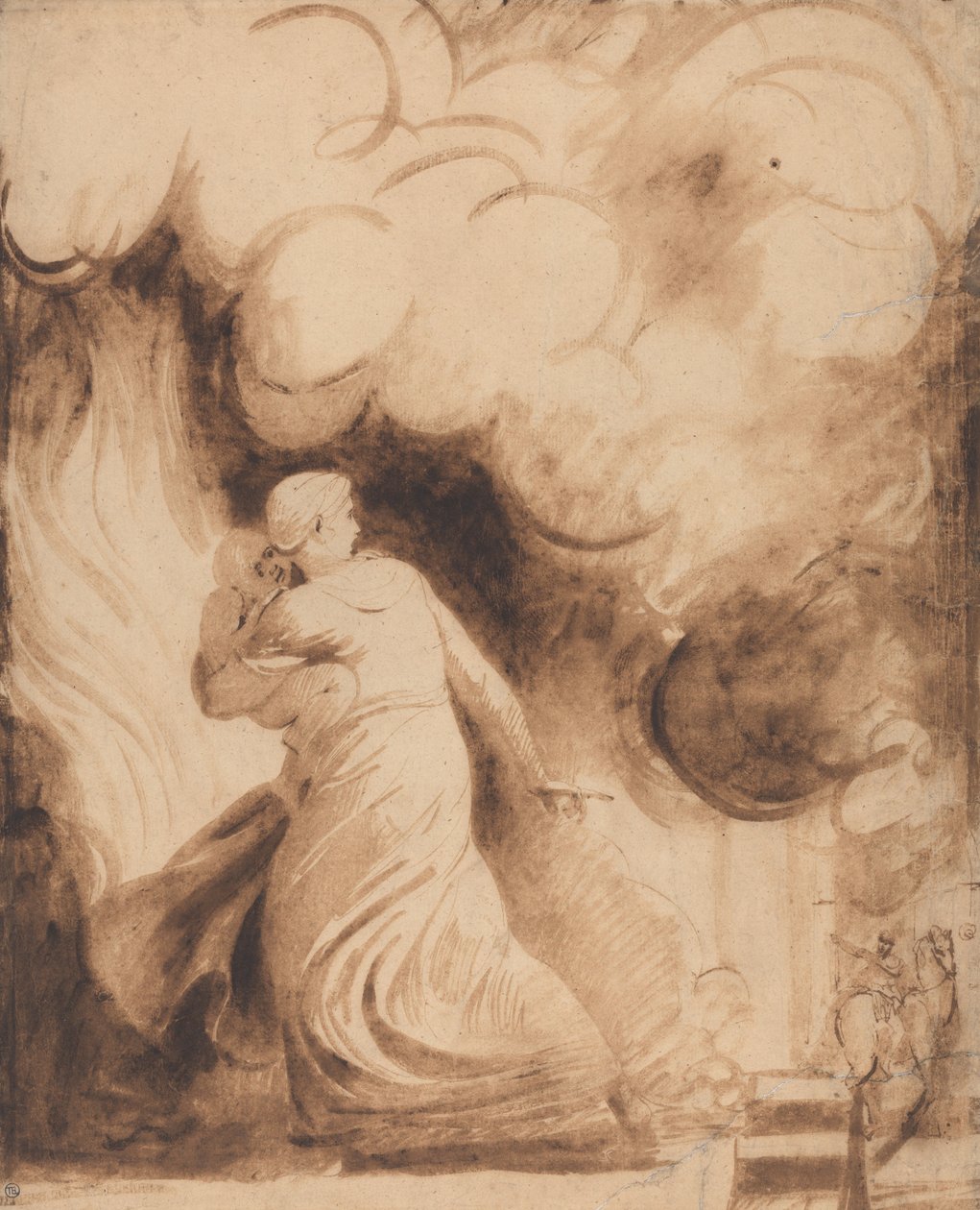 En mor med sit barn i armene, der svæver hen over bymuren i en by i flammer af George Romney