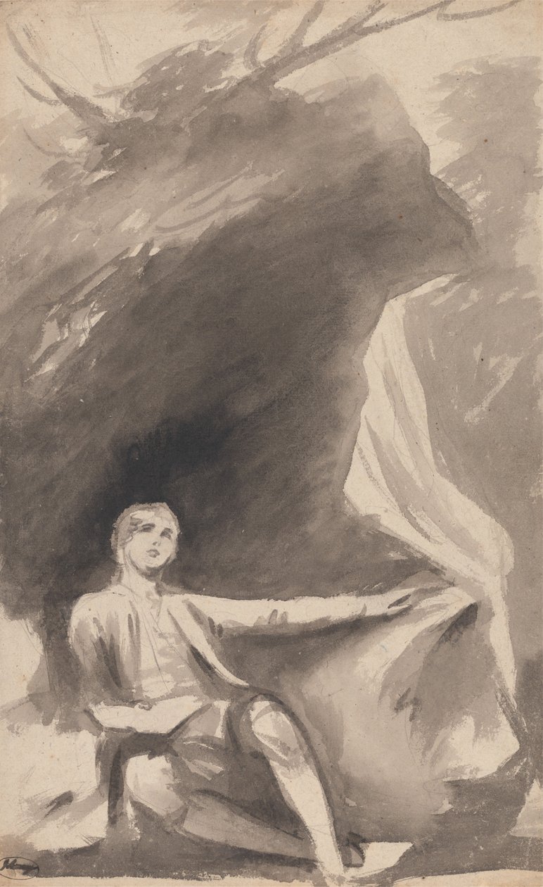 Dreng, der sidder under en klippe af George Romney