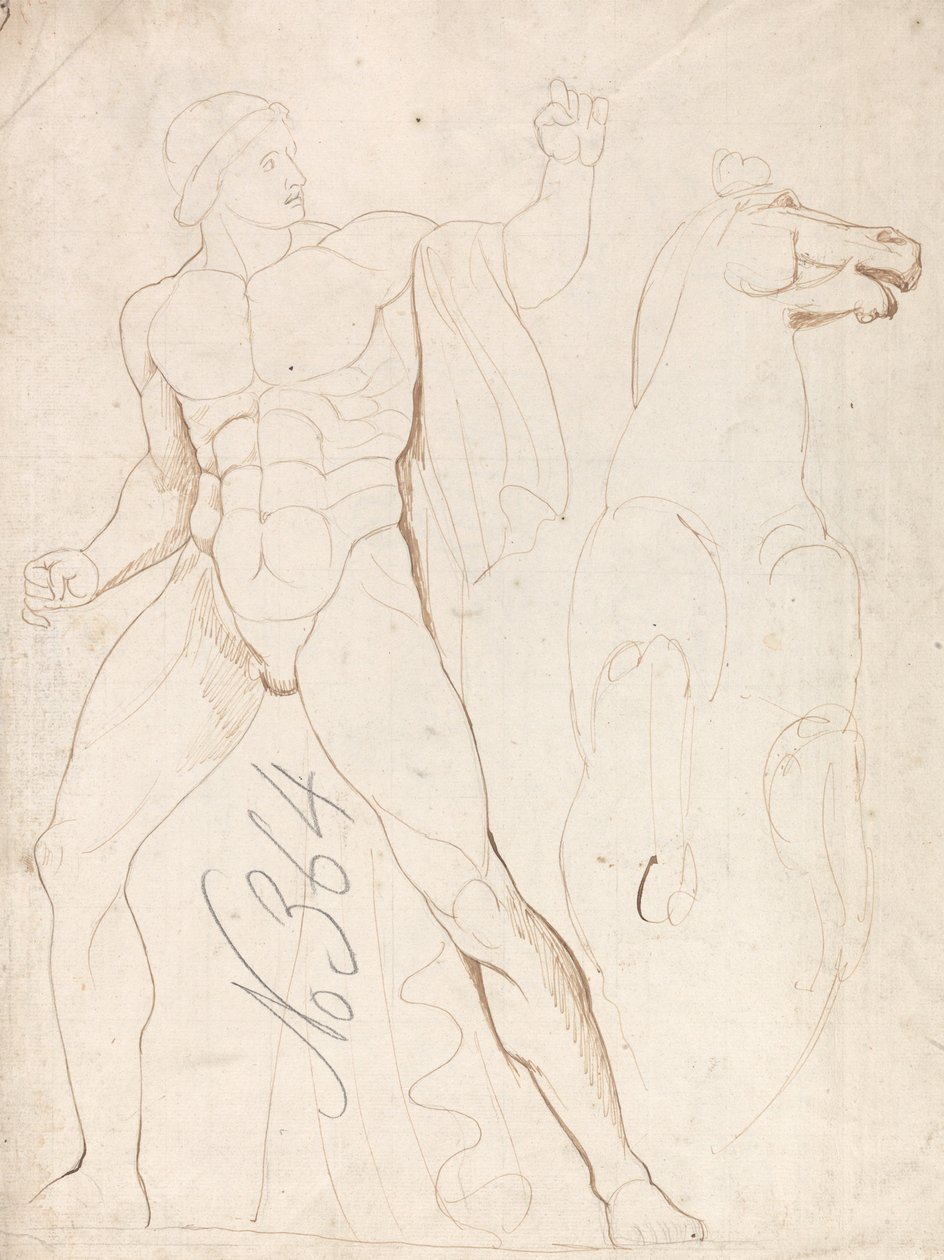Klassisk mandlig nøgenfigur med en hest, der rejser sig på bagbenene af George Romney