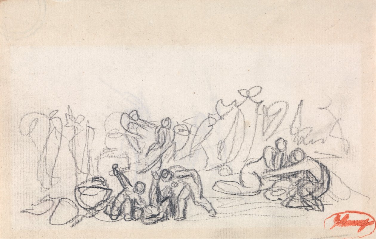 Gruppe af figurer, muligvis kvinder og børn, der leger af George Romney