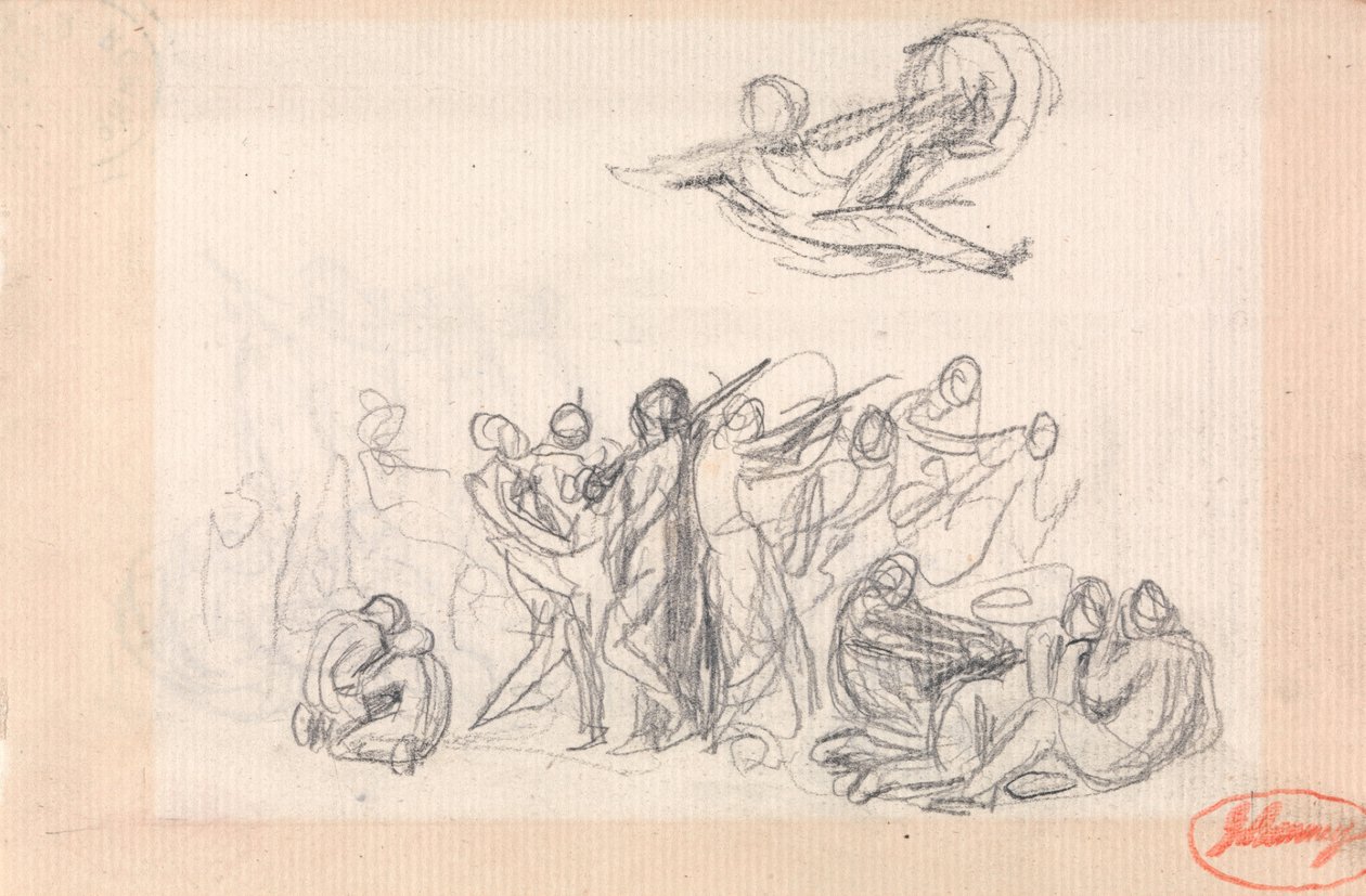 Gruppe af figurer med en flyvende figur ovenover af George Romney