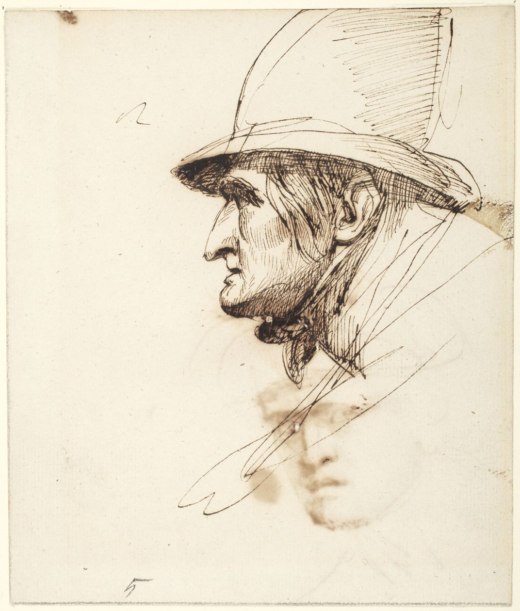 Hovedet af en mand set i profil, iført en stor hat af George Romney