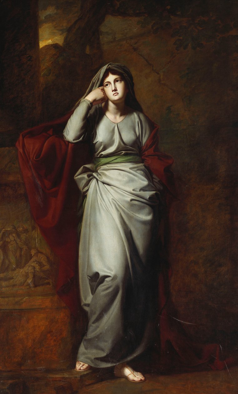 Il Penseroso, eller melankoli: En kvindelig figur i fuld længde, iført lysegrønne klæder, stående i et landskab, hvilende sin venstre albue på en piedestal med en klassisk frise, af George Romney