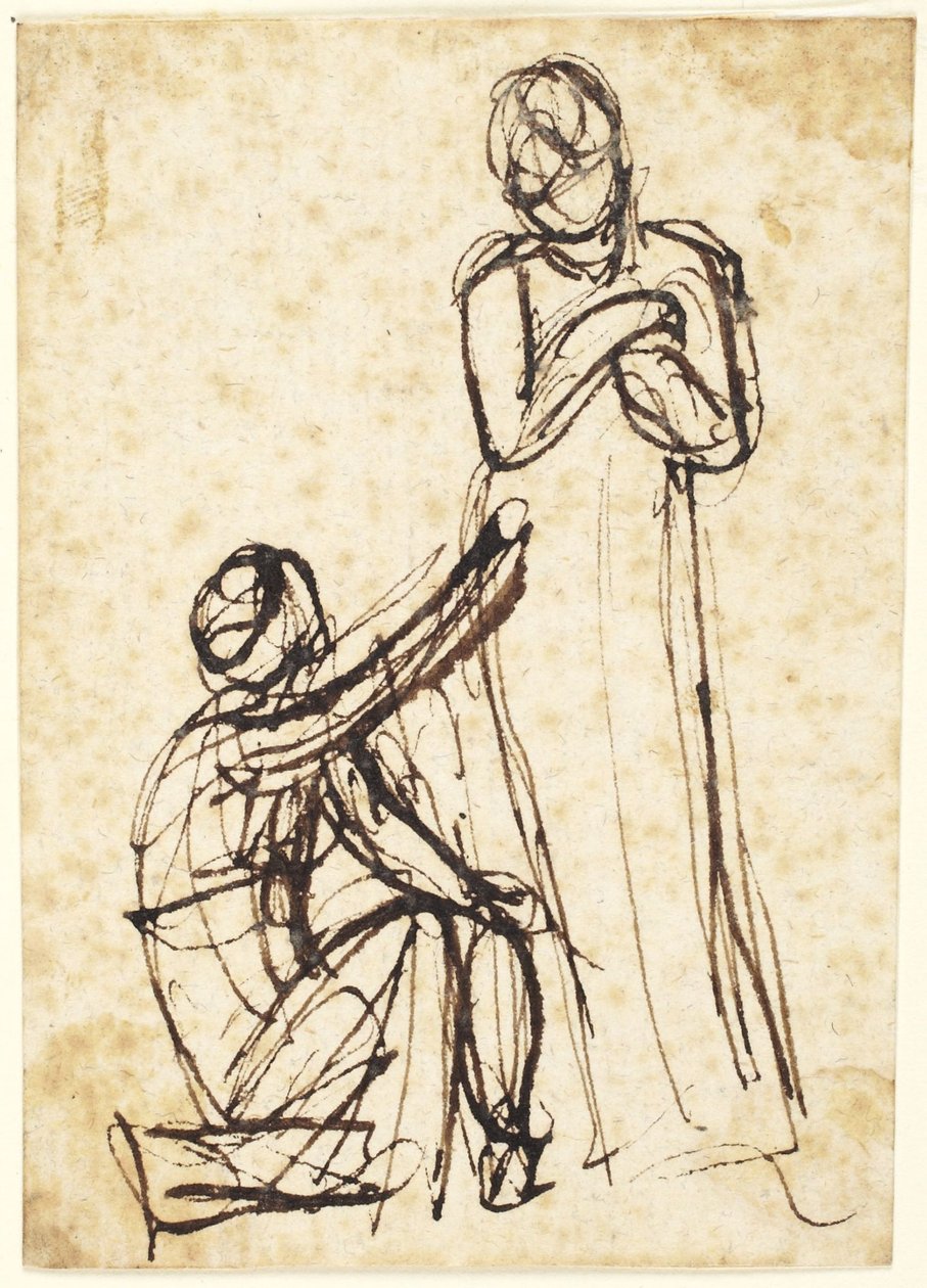 Knelende figur, der rækker en genstand til en stående figur af George Romney