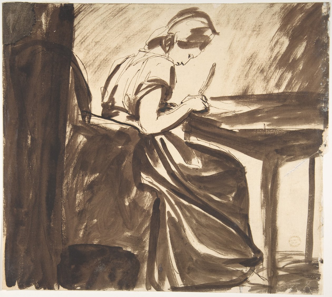Dame siddende ved et bord (forsiden); Dansende figurer (bagsiden) af George Romney