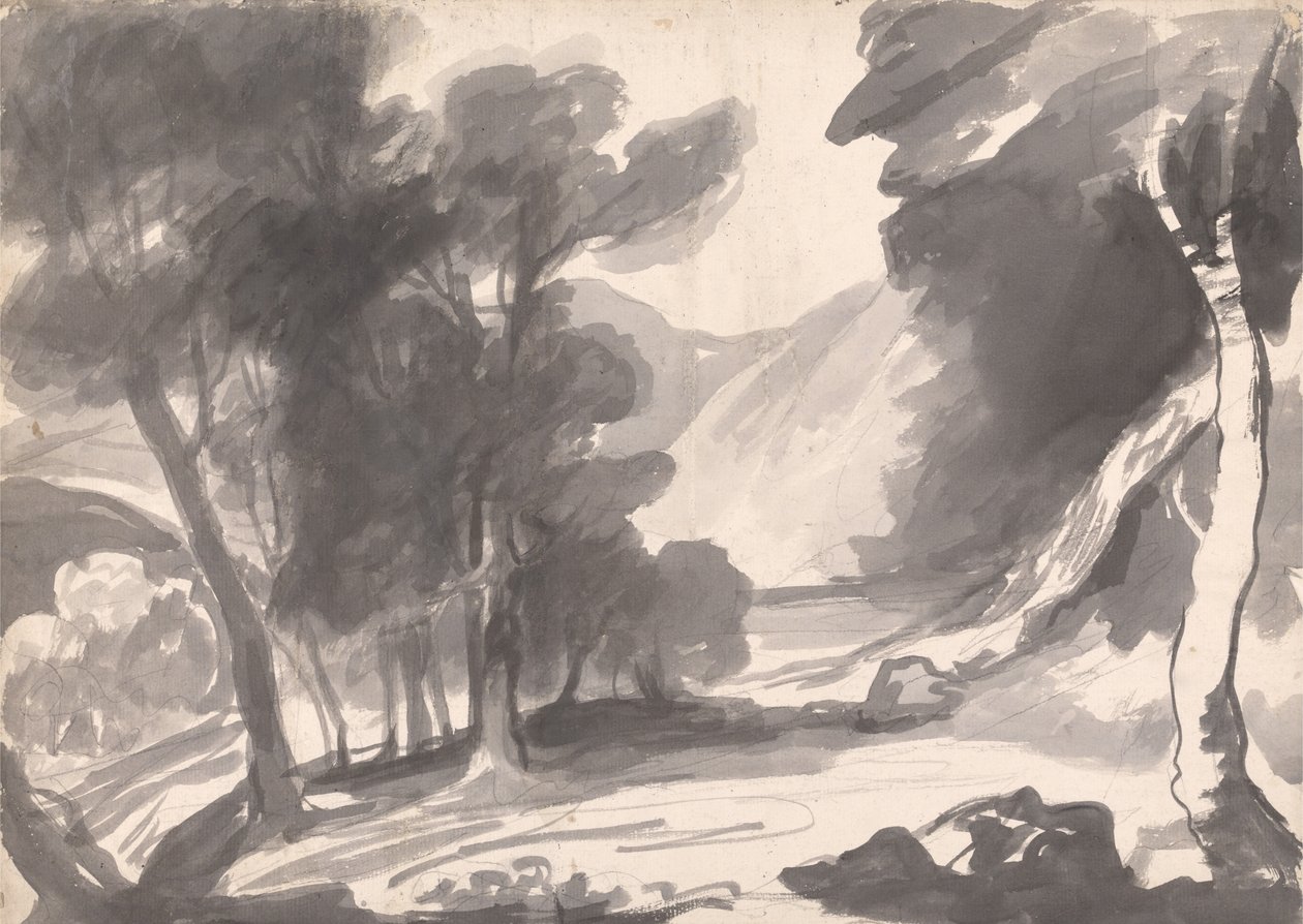 Landskabsstudie: Løvskov, sø og bjerge af George Romney