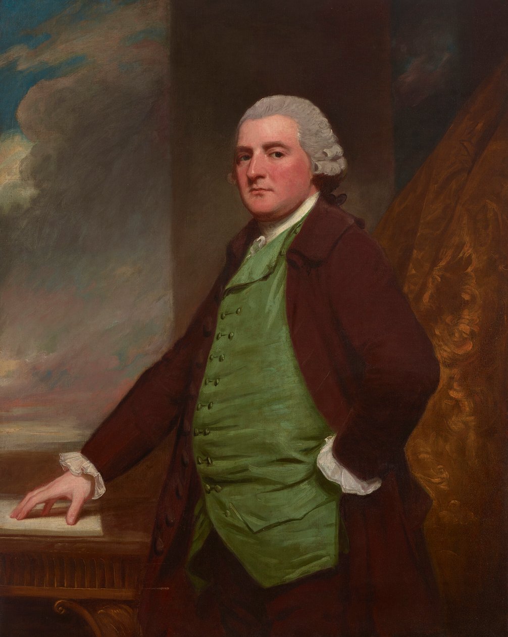Portræt af James Cross fra Clifton, Bristol (1739-1791), i trekvart længde, ved et bord med et landskab bagved af George Romney