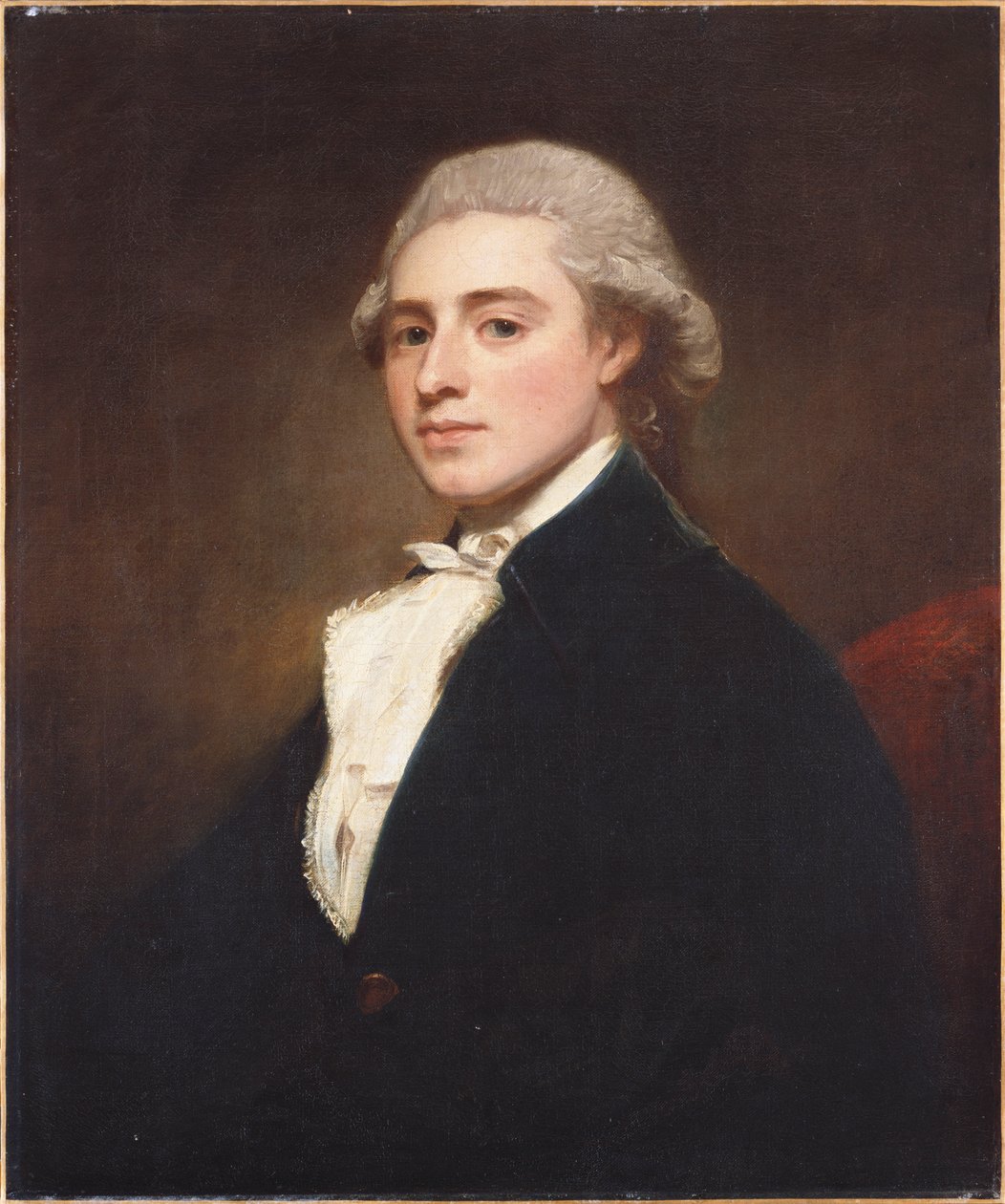 Portræt af James Dashwood, halvlang, iført blå jakke og hvid jabot af George Romney