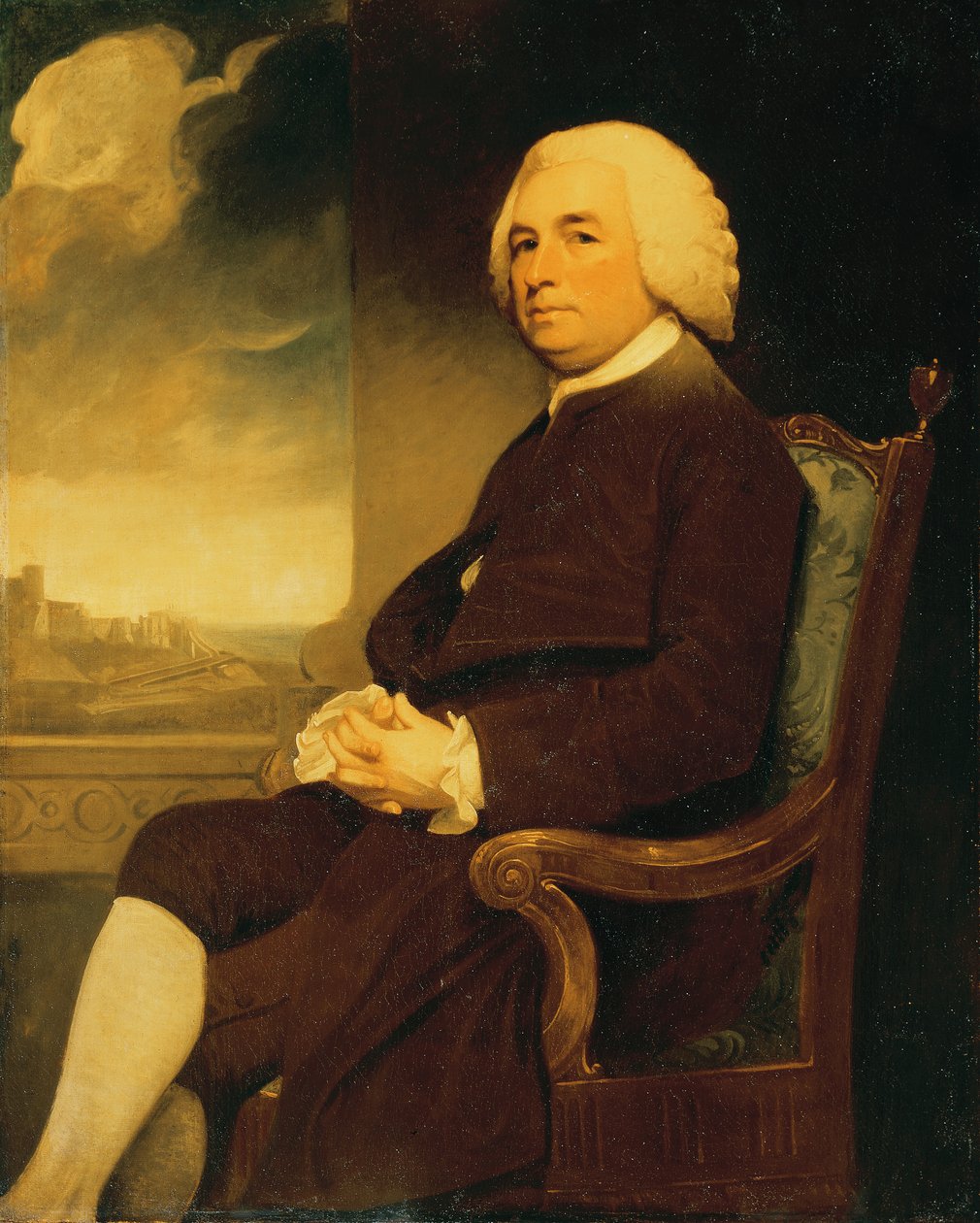 Portræt af Michael Russell, siddende, med Dover Castle bagved (olie på lærred) af George Romney