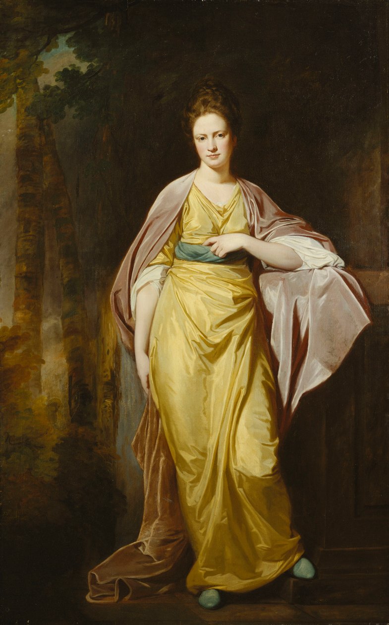 Portræt af Mrs. Ellen Morewood, stående i fuld længde, i en gul kjole, blå skærf og lilla omslag, lænende sin venstre arm på en piedestal, af George Romney