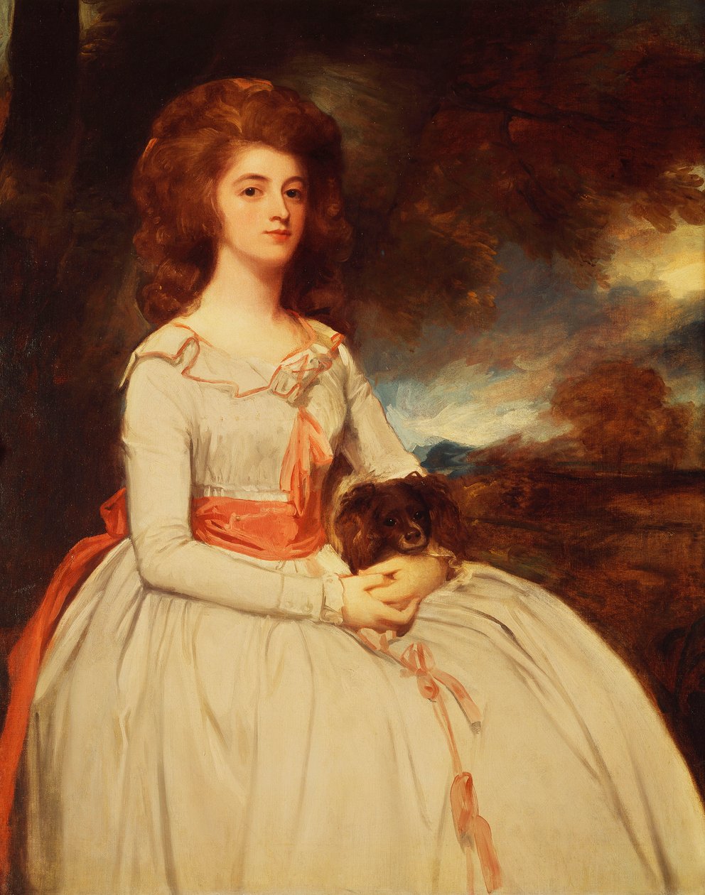 Portræt af Mrs. Moody Anden Hustru af Samuel Moody, Siddende trekvart Længde i en hvid Kjole trimmet med lyserøde sløjfer og en lyserød Sash, Holder en Hund på hendes Skød, i et Landskab, af George Romney