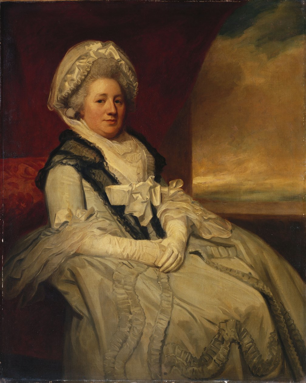 Portræt af fru Uppleby, siddende trekvart lang, iført hvid kjole og hætte med sort sjal af George Romney
