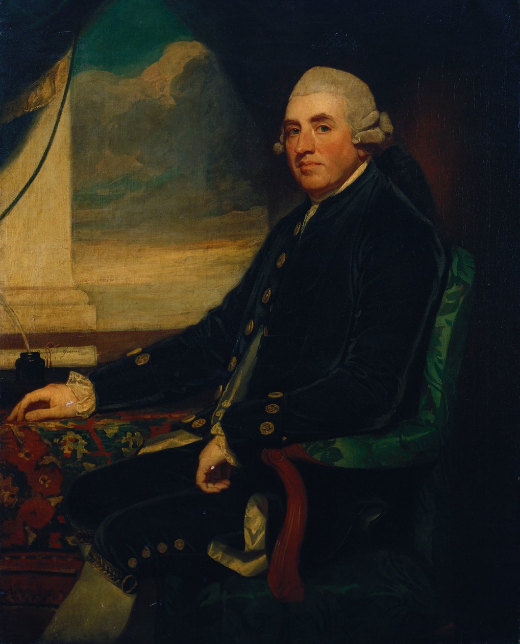 Portræt af den første jarl af Farnham, siddende, trekvart længde, ved et åbent vindue af George Romney