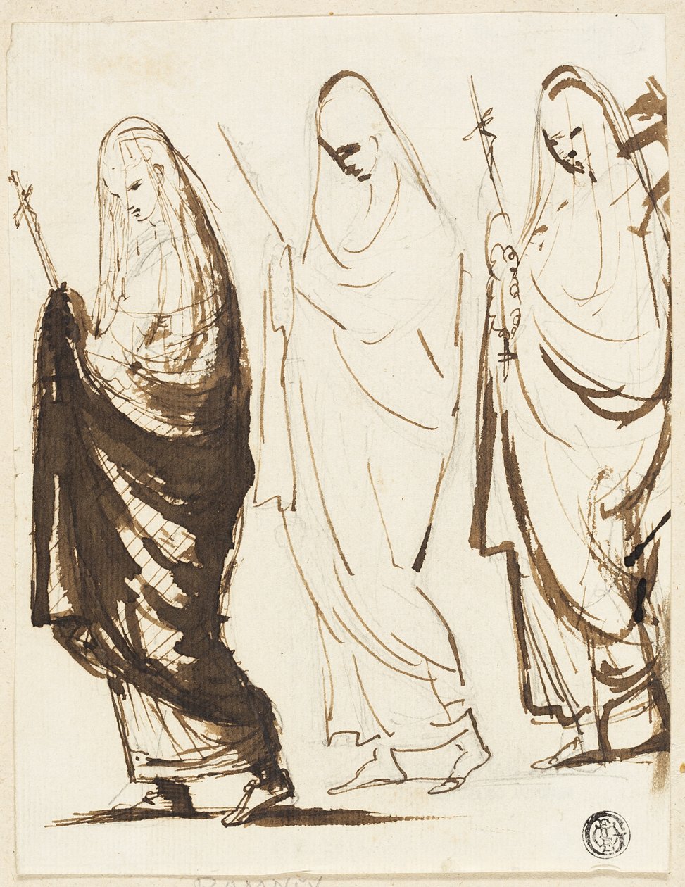 Procession af tre draperede kvinder, der holder kors eller sceptre af George Romney