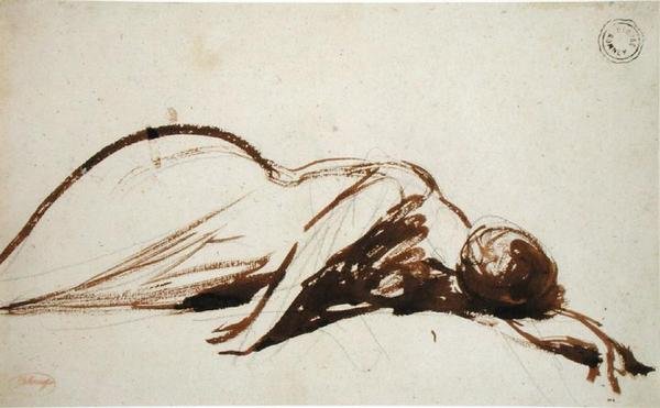 Udstrakt kvinde (pensel og brunt blæk over grafit på lagt papir) af George Romney