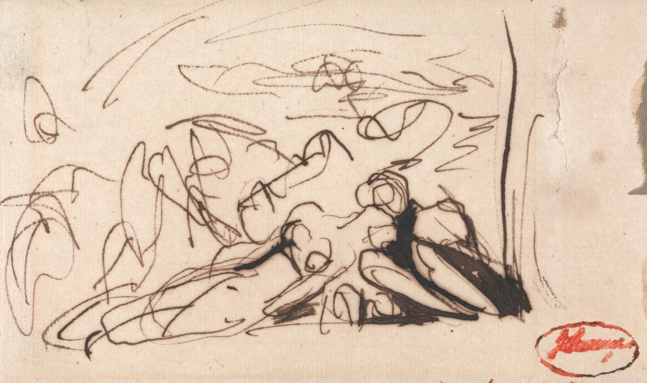 En liggende kvinde, omgivet af to personer af George Romney