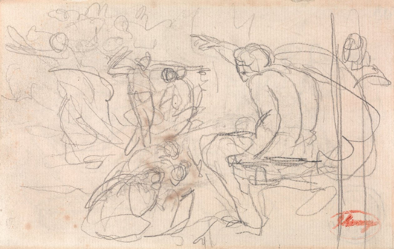 Siddende figur, der afsiger dom over en knælende figur af George Romney