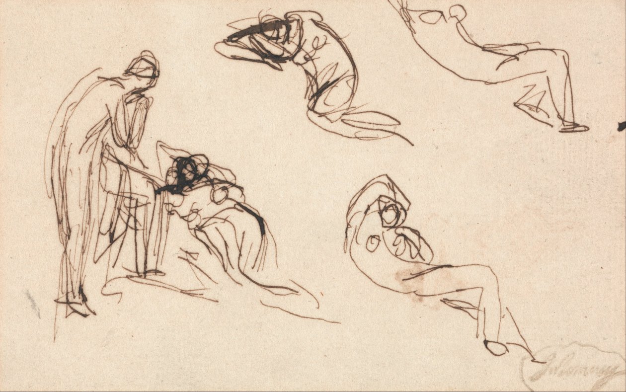 Stående figur og fire liggende figurer af George Romney