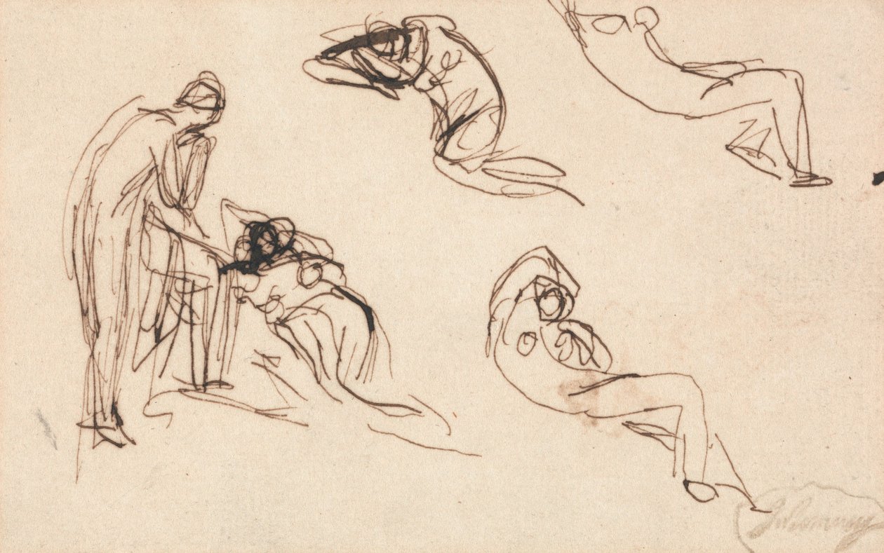 En stående figur og fire liggende figurer af George Romney