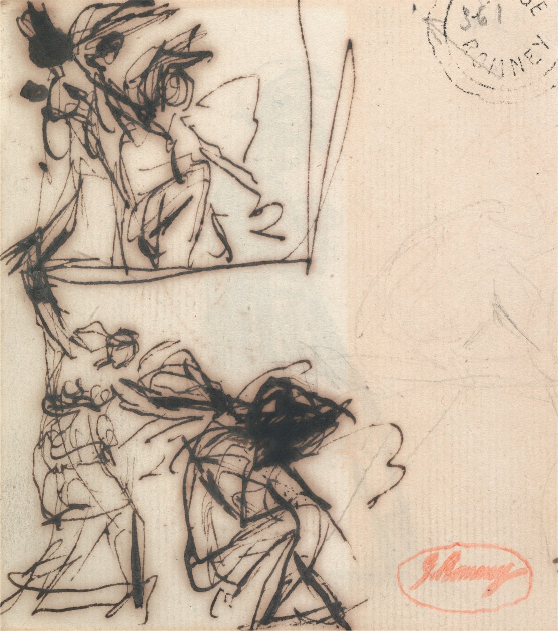 Stående figur med løftet arm og siddende figur af George Romney