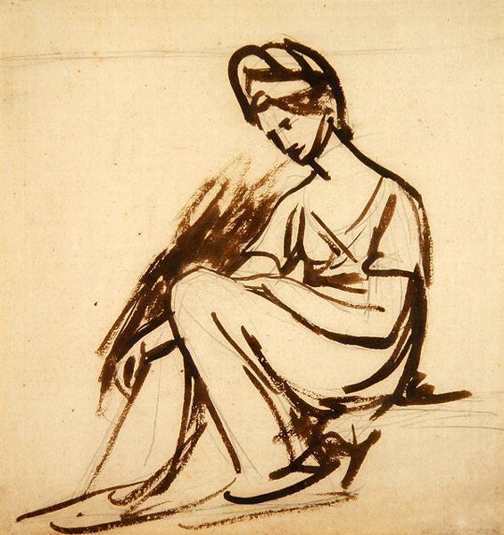 Studie til et portræt af en siddende dame (brunt blæk over blyant på papir) af George Romney